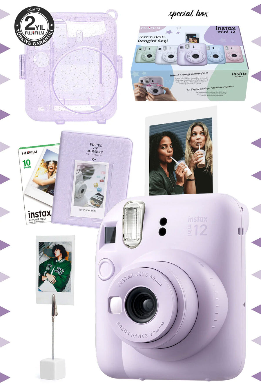 Fujifilm Instax Mini 12 Yeşil Fotoğraf Makinesi-10'lu Film-kıskaçlı Stand-pvc Albüm Ve Simli Pleksi Kılıf Set - Lila