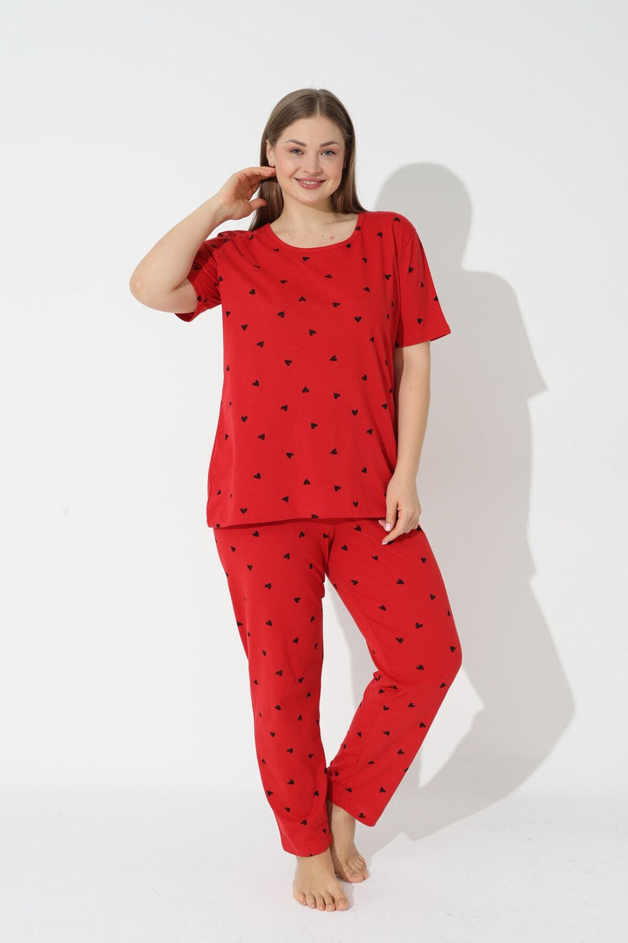 Siyah İnci Kırmızı Curve Büyük Beden Battal Boy Kısa Kollu Pamuklu Pijama Takımı - Beyaz