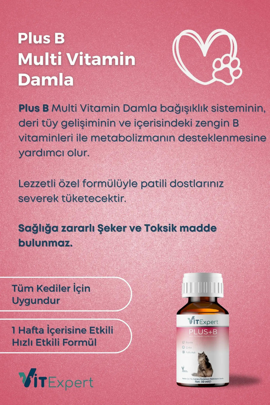 Vitexpert Hızlı Etkili Tüy Dökülmesi Önleyici Tüm Kediler İçin Plus B Biyotin Multivitamin Damlası 50 ml