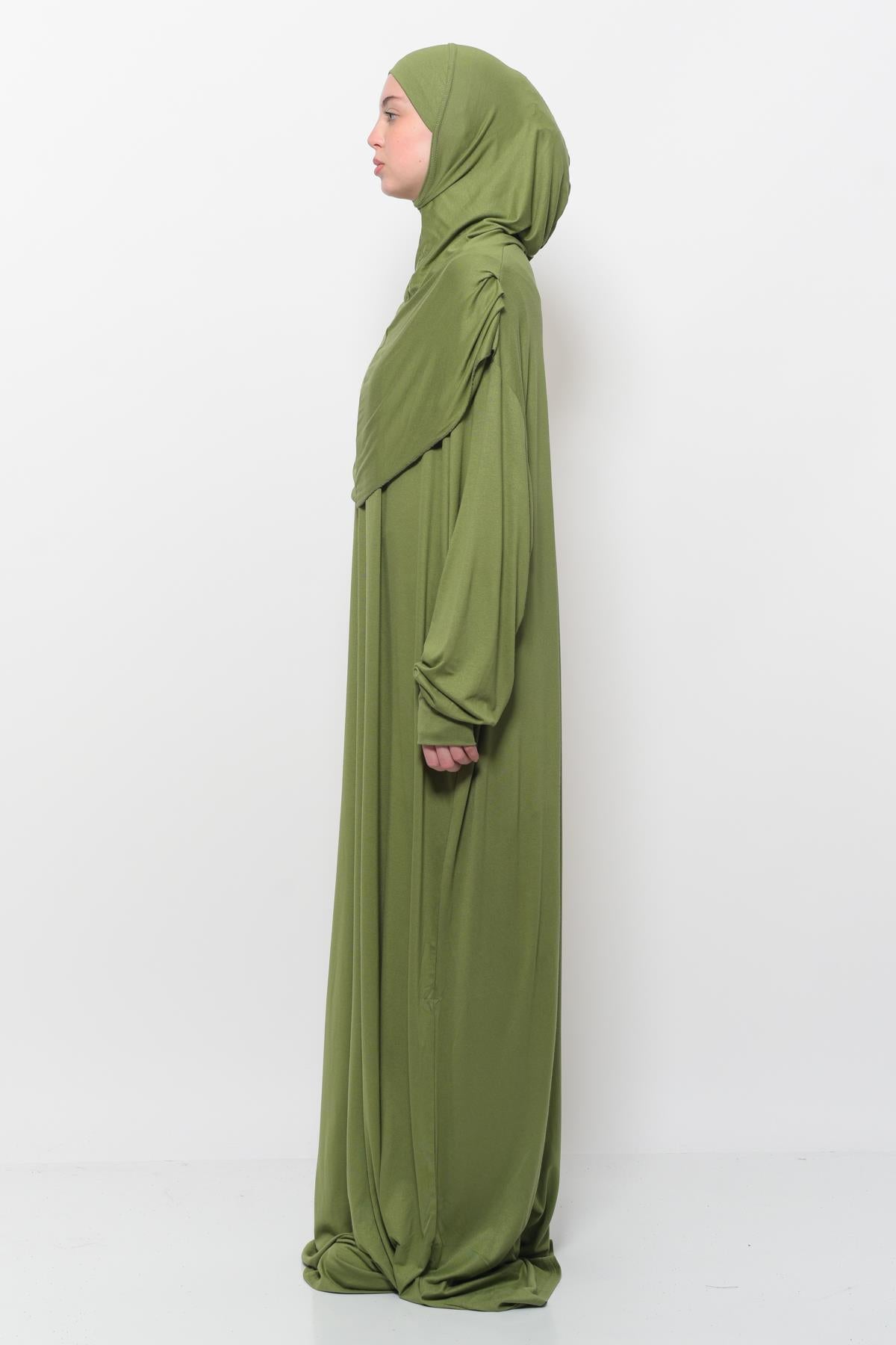 Altobeh Pratik Tek Parça Pamuklu Yarasa Kollu Tak Çıkar Başörtülü Organik Namaz Elbisesi Fıstık Yeşili