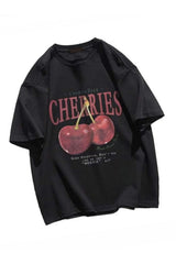 Genel Markalar Red Cherries Baskılı Oversize Unisex Tshirt - Siyah
