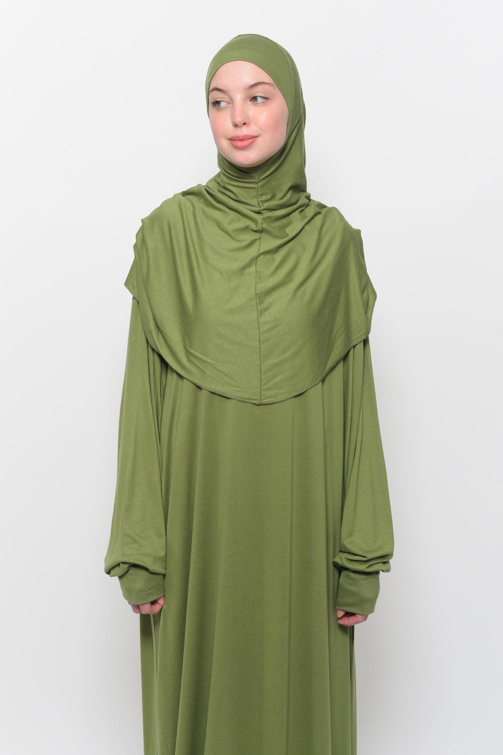 Altobeh Pratik Tek Parça Pamuklu Yarasa Kollu Tak Çıkar Başörtülü Organik Namaz Elbisesi Fıstık Yeşili