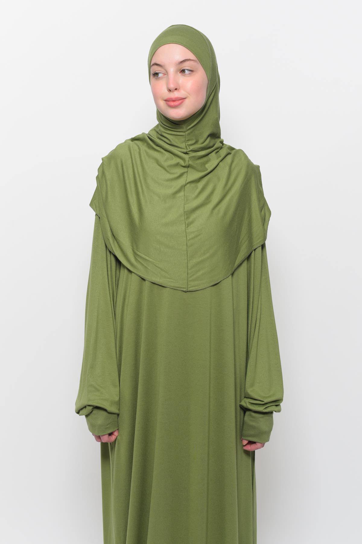 Altobeh Pratik Tek Parça Pamuklu Yarasa Kollu Tak Çıkar Başörtülü Organik Namaz Elbisesi Fıstık Yeşili