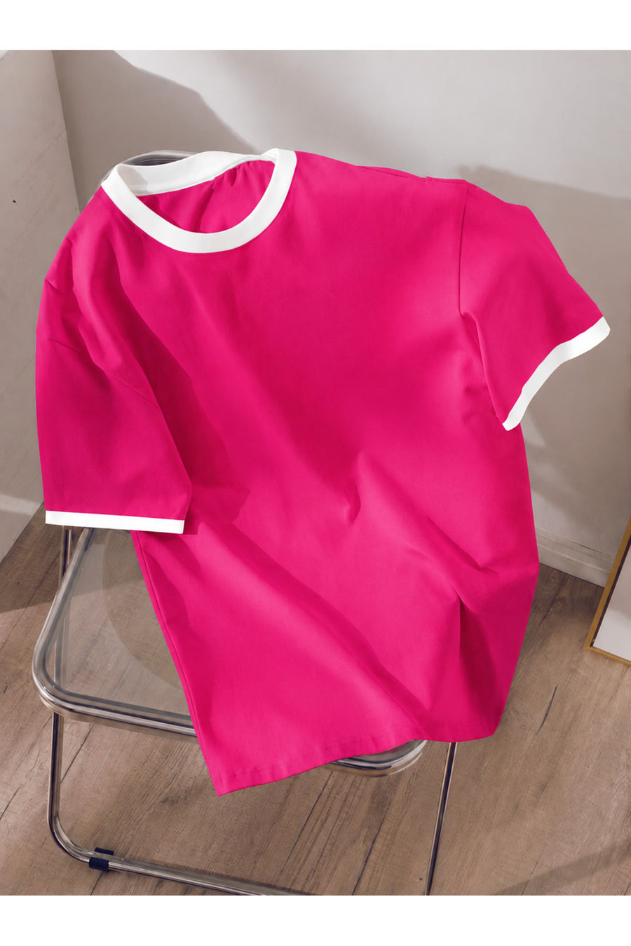 Revasser Unisex Erkek/Kadın Lacivert Beyaz Yaka Düz Oversize Pamuklu T-Shirt Tişört - Fuşya