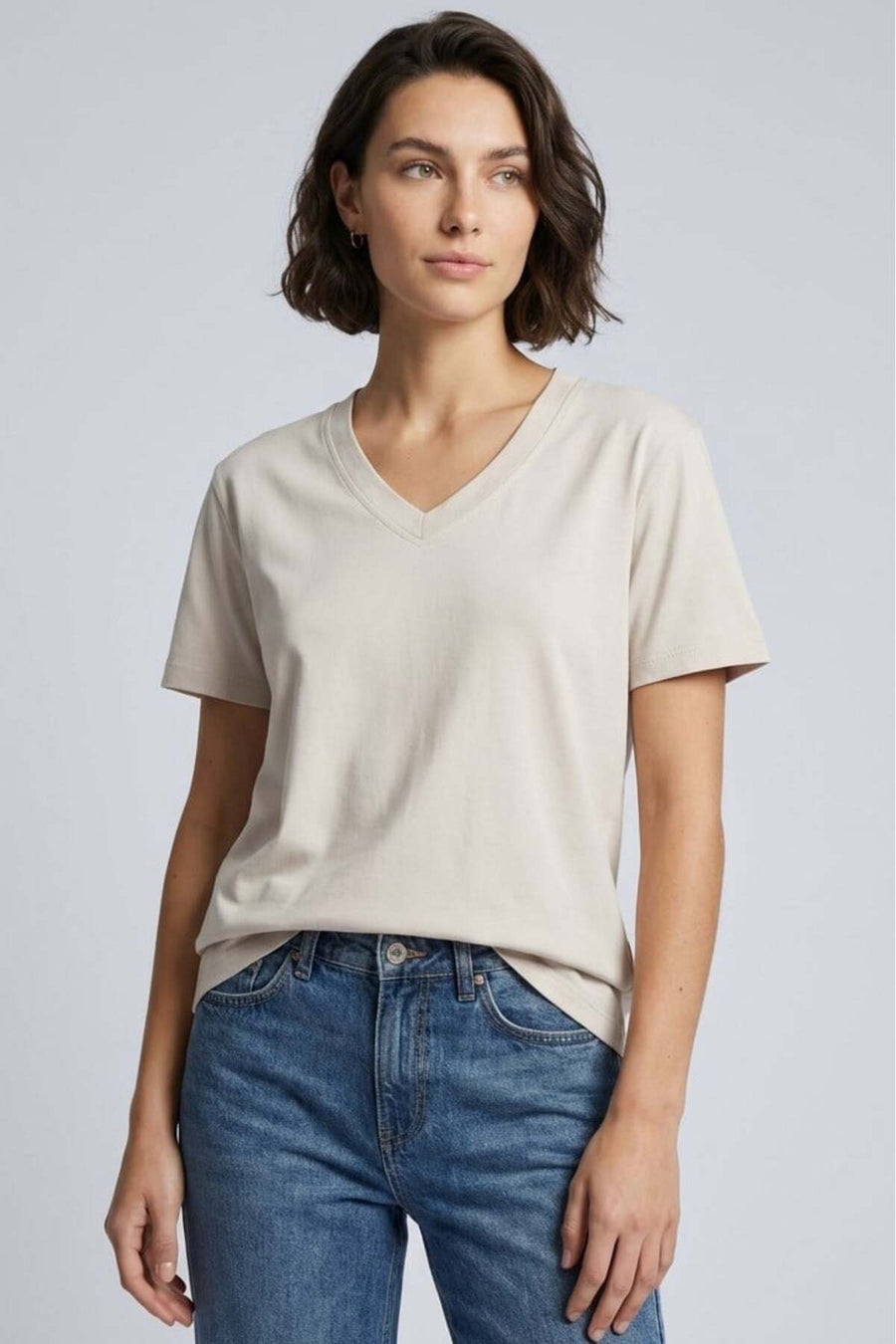 Brix Kadın %100 Pamuk V Yaka T-Shirt Lila - Bej