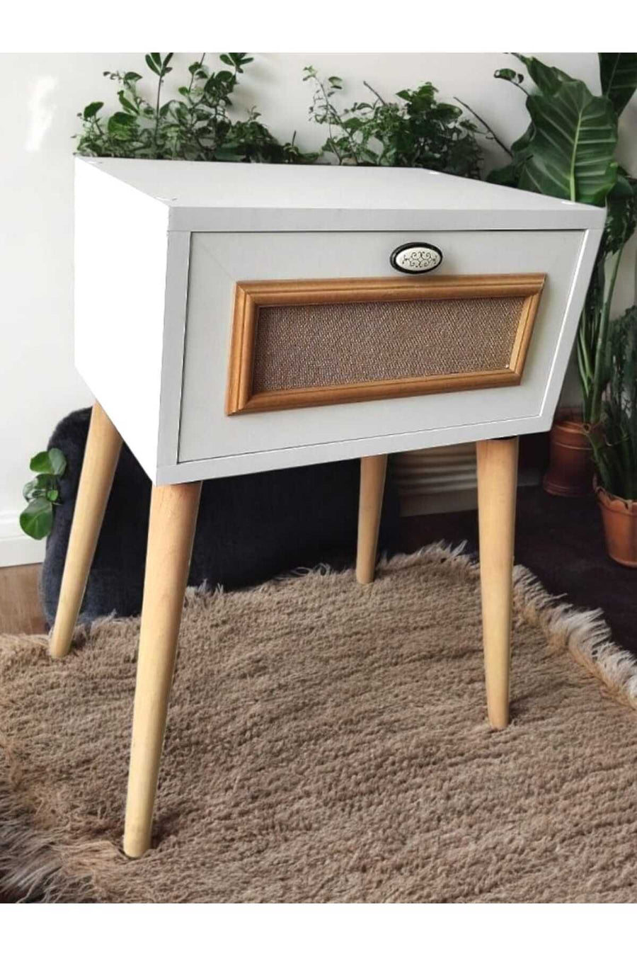 MBK AHŞAP Yatak Başucu Komodin Retro Komodin Modeli Kapaklı Komidin Kapaklı Mat Beyaz - Görsel 5