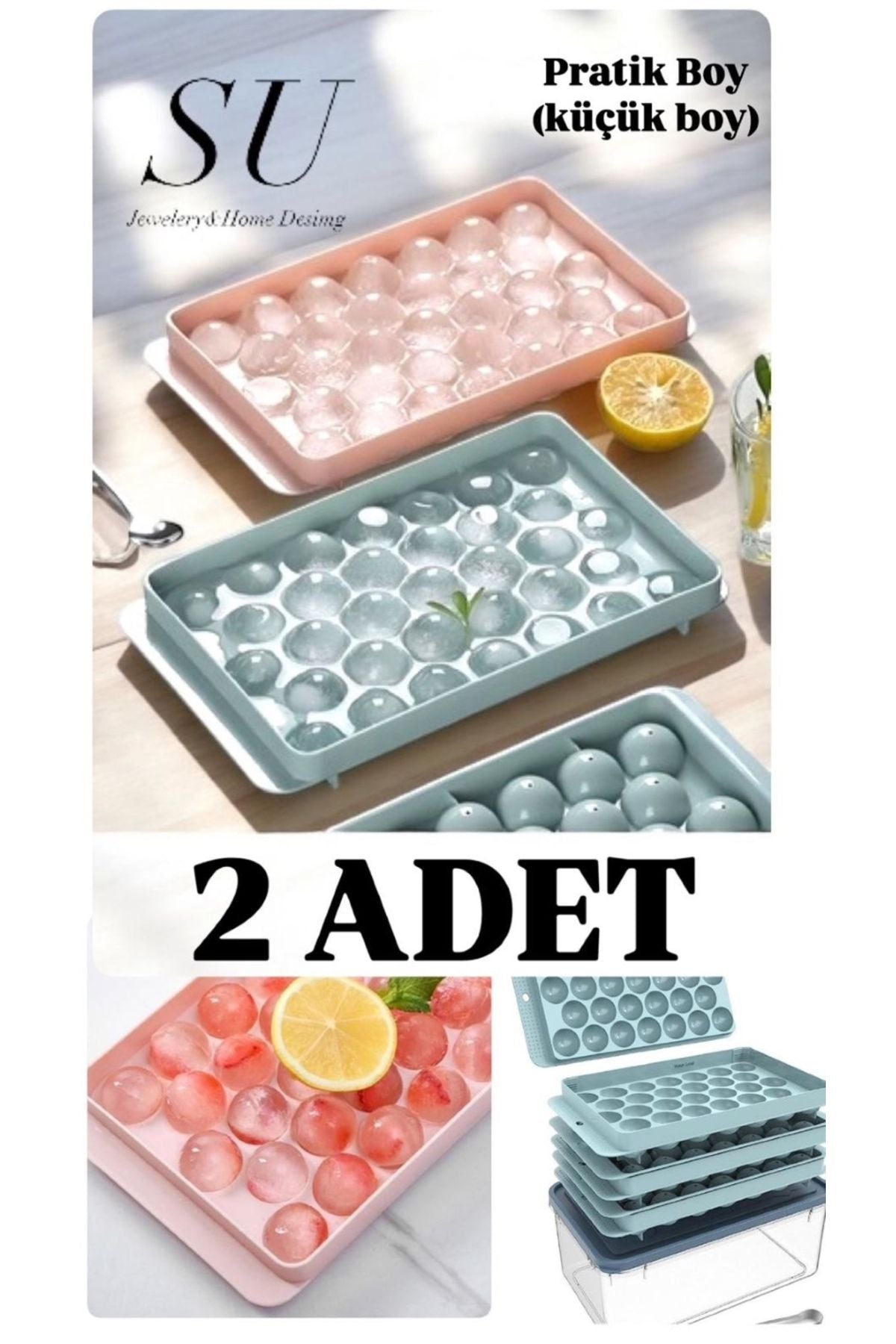 ACQUA BELLA Renkli Küre Buz Kalıbı 2 Adet Kapaklı 33 Hazneli Yuvarlak Buz Kalıbı Kokteyl Sunum Buz Kalıbı