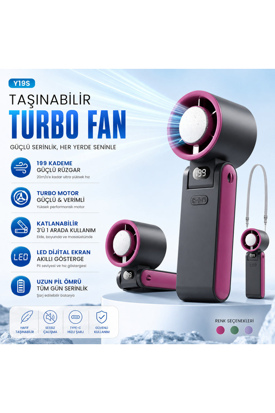 TARÇIN Y19S Taşınabilir Turbo Fan 199 Kademe Dijital Ekranlı Şarjlı El Fanı Boyun Askılı Masaüstü Mini Vantilatör Type-C