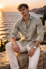 Valiberta Nefes Alabilir Yarım Oversize Müslin Kumaş Uzun Kol Yakalı Erkek Gömlek - Açık Haki