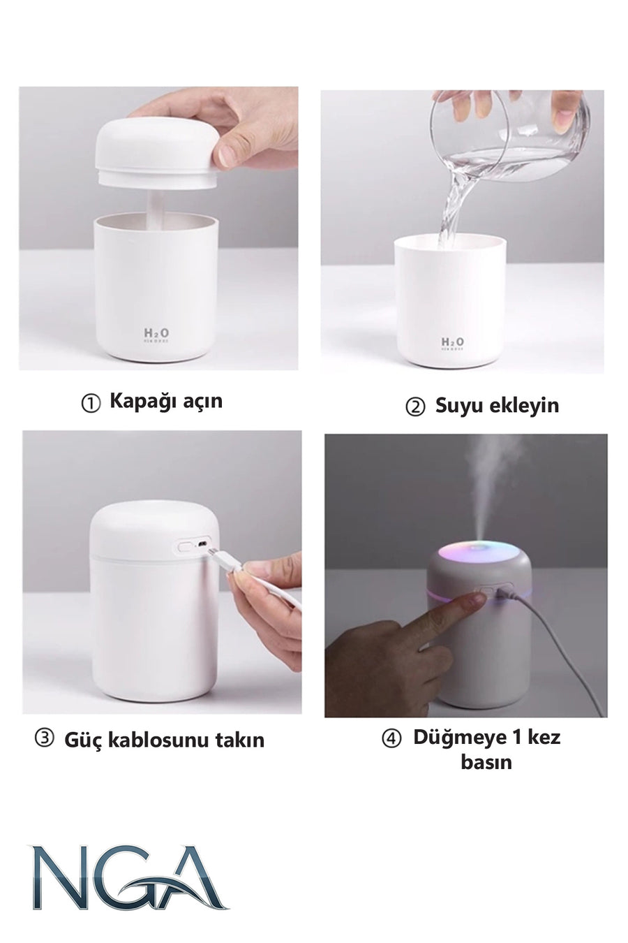 NGA 300 ml H2O Ultrasonik Ledli Hava Nemlendirici Buhar Makinesi Ve Aroma Difüzörü - Koku Hediyeli
