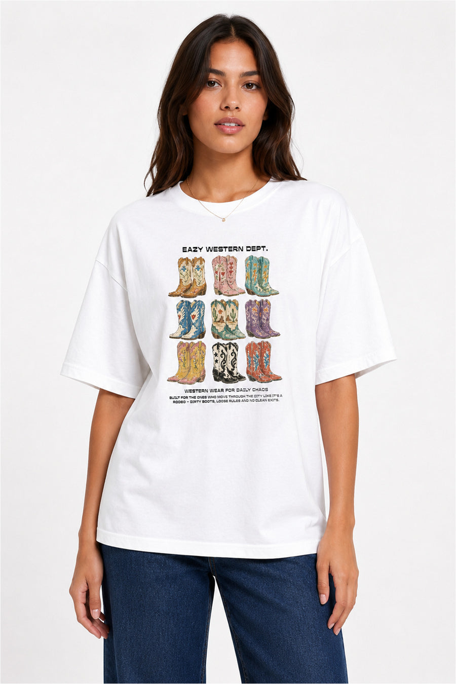 Eazy Co EAZY Unisex Oversize Tişört %100 Pamuk Beyaz Western Dept. Cowboy Baskılı T-Shirt - Beyaz