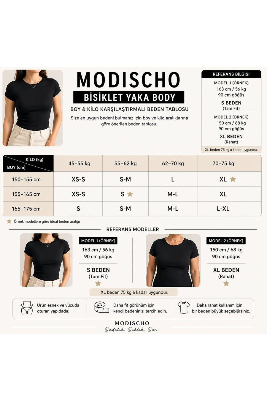 MODiSCHO Kadın Kahverengi Bisiklet Yaka Slim Fit Pamuklu Ultra Soft Likralı Kumaş Basic T-Shirt & Body - Kahverengi