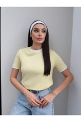 ESRAHELVACI Biyeli Bisiklet Yaka T-Shirt - Sarı