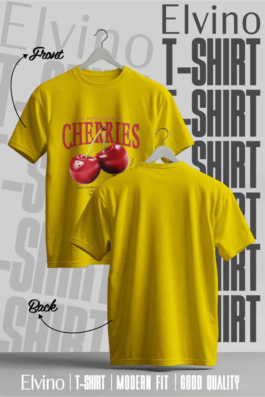 Elvino Red Cherries Baskılı Oversize Kadın/Erkek Unisex Beyaz Tshirt - Sarı