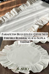 KAMİZ Fırfırlı Keten Runner & 6'lı Fıfırlı Supla Seti - 7 Parça Çeyiz Seti - Turuncu