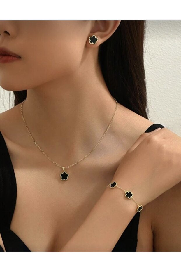 monalisatoka Kadın Gold Siyah Kolye Bileklik Küpe Seti 3’Lü Takım