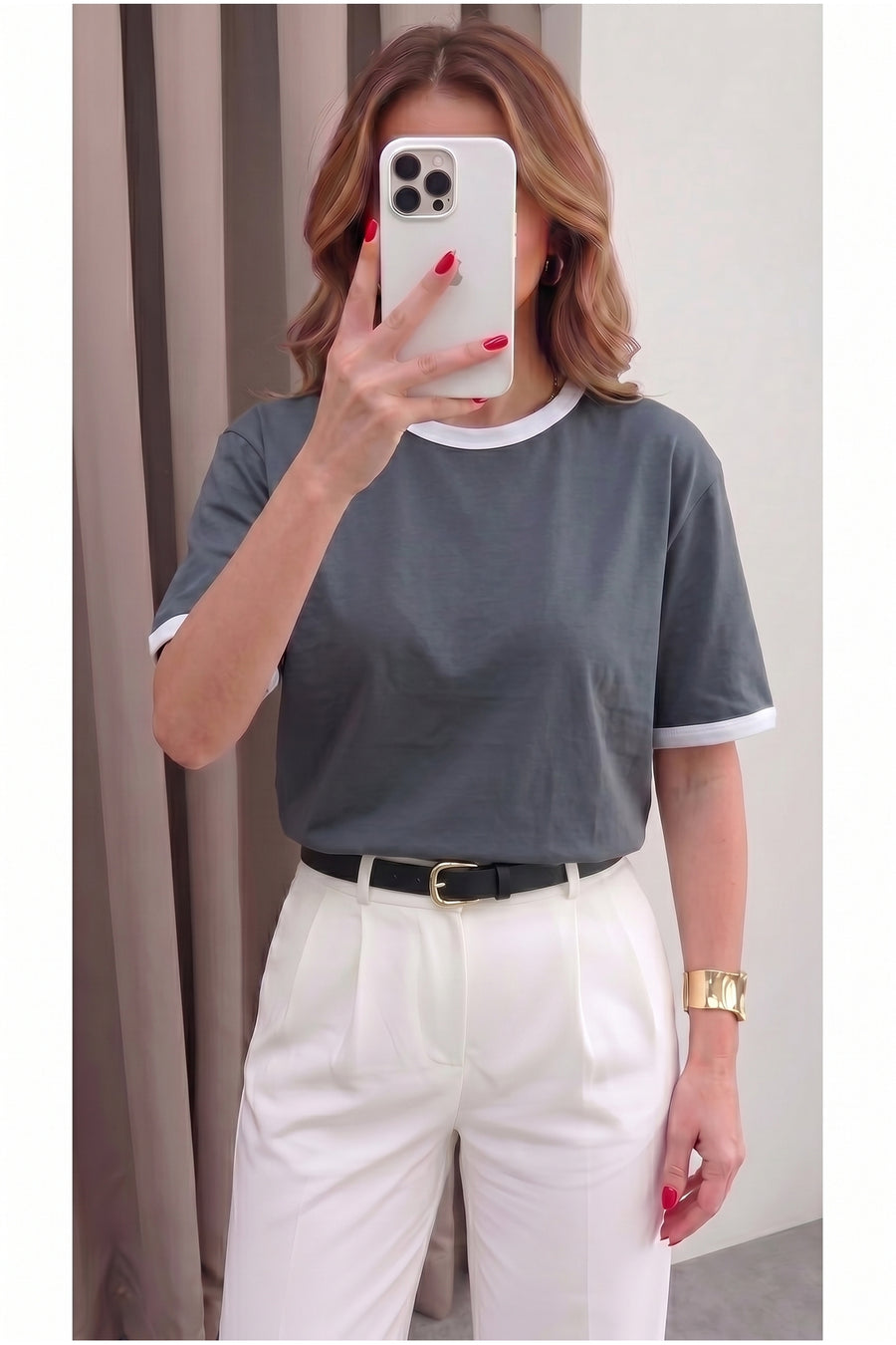 Teenage Millionaire Kadın Petrol Beyaz Biye Garnili Orta Kalın Soft Kumaş Bisiklet Yaka Yarım Oversize Salaş T-shirt - Gri