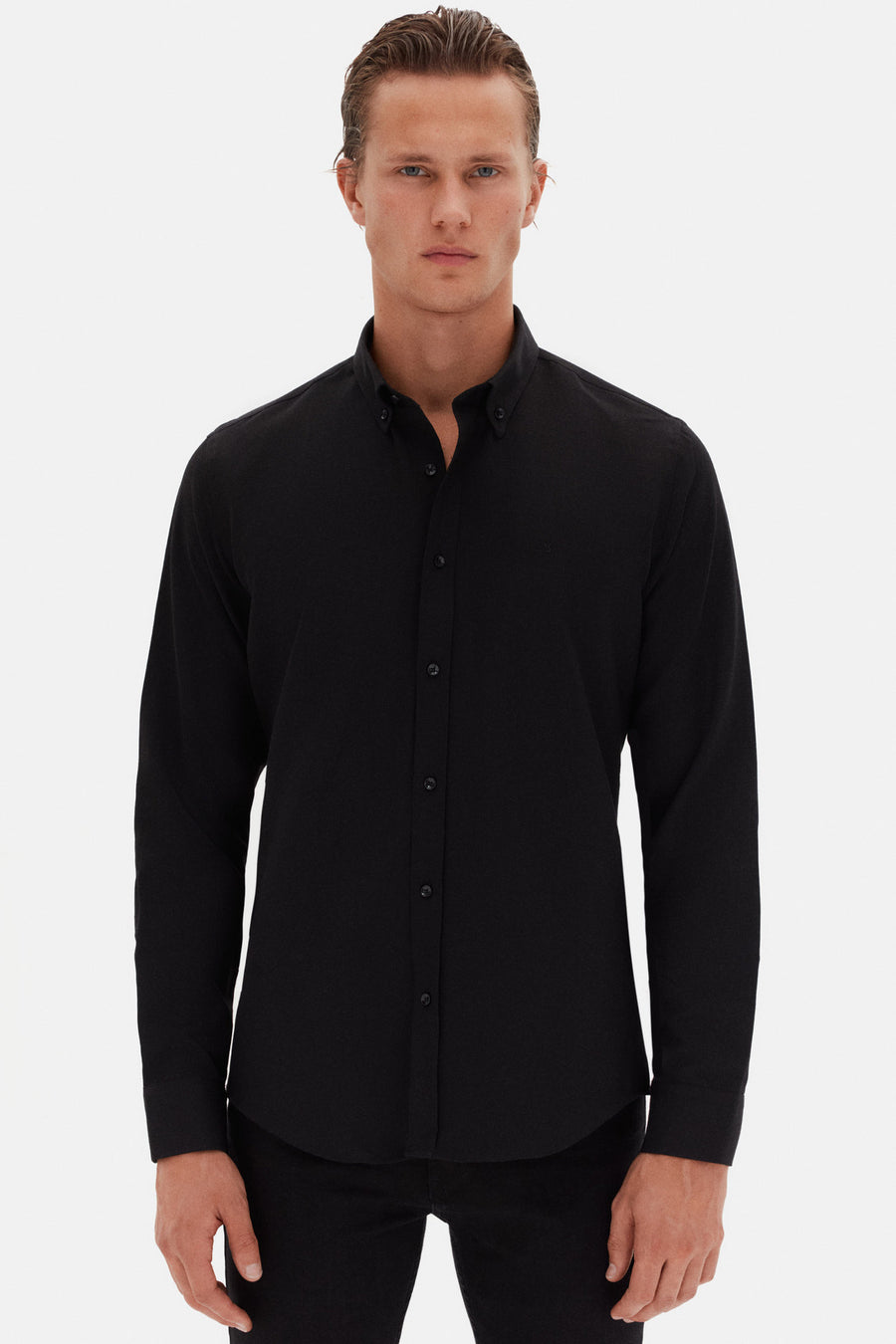 D'S Damat Ds Damat Slim Fit Bej Oxford Düğmeli Yaka Kolay Ütülenebilir Nakış Detaylı Pamuklu Gömlek - İndigo