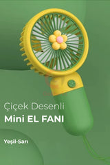 GoMarkt Şarjlı Mini El Ve Masa Fanı Çiçek Desenli Mini El Pervanesi Soğutu El Fanı