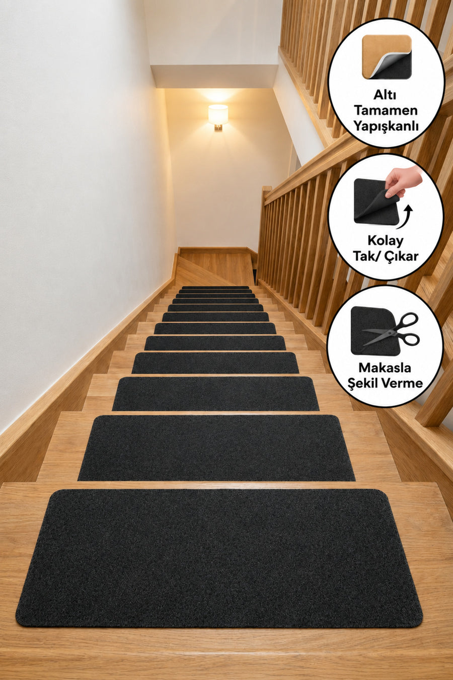 Arnee Altı Tam Yapışkanlı Kaydırmaz Basamak Halısı Pratik Kaymaz Dublex Ev Ahşap Merdiven Halısı Bej 20x75cm - Siyah