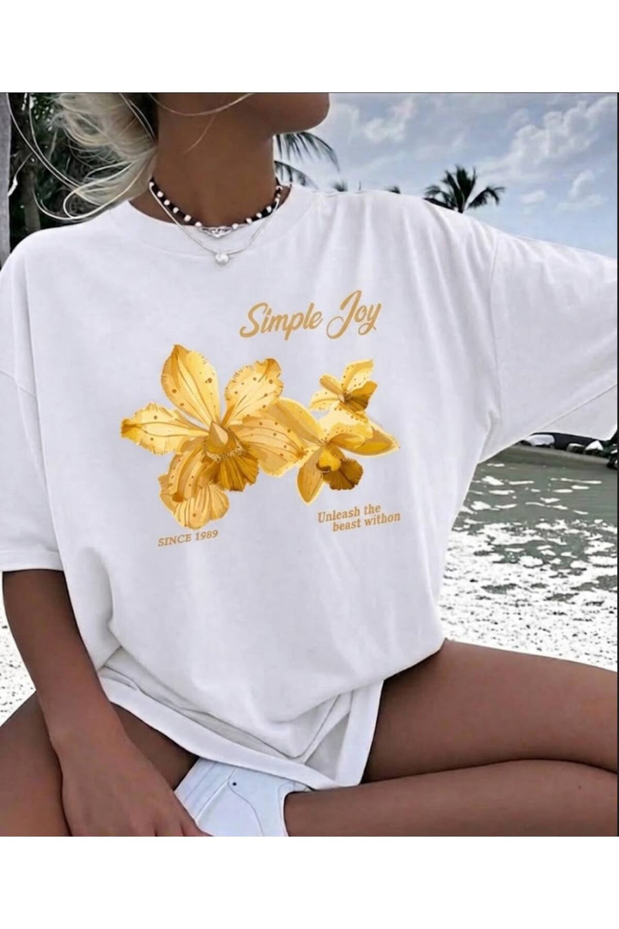 Marco Fresco Günlük Kısa Kollu Simple Joy Baskılı Genç Oversize Tshirt - Beyaz-Sari