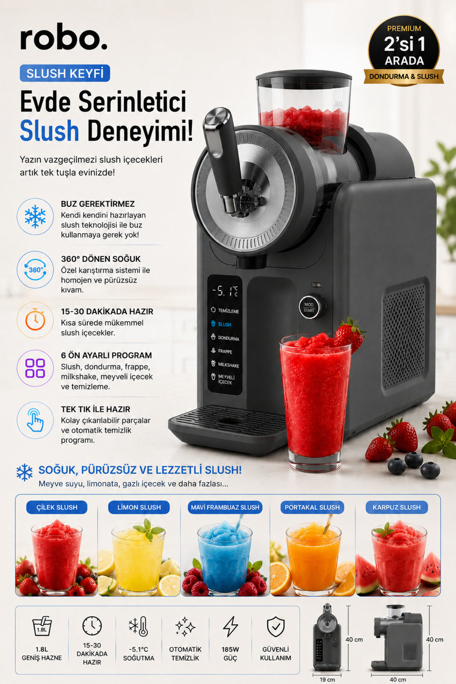 ROBO 2'si Bir arada Dondurma ve Slush (buzlaş) Makinesi Gri