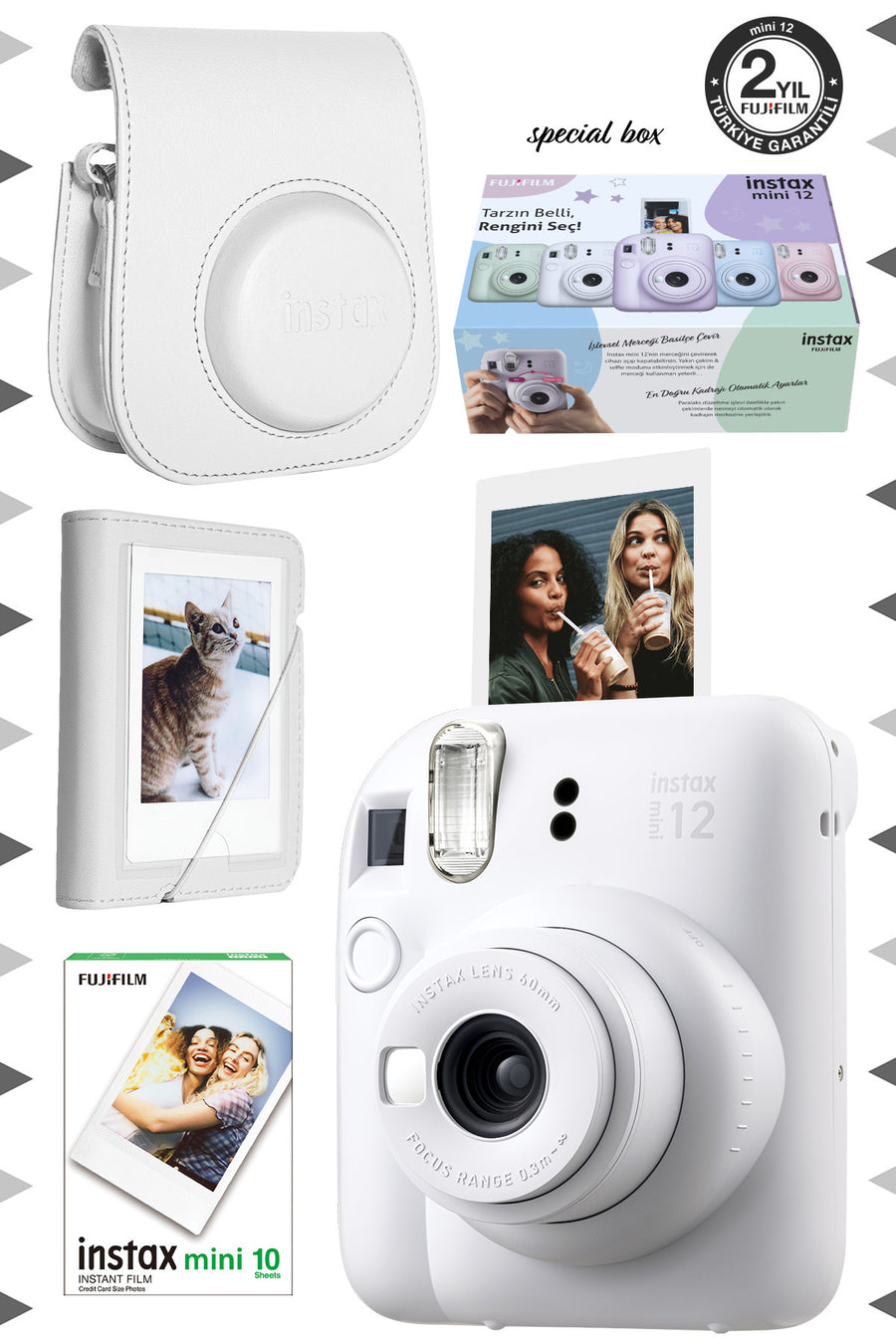 Fujifilm Instax Mini 12 Lila Fotoğraf Makinesi-10'lu Film-Mini Albüm ve Deri Kılıf Seti - Beyaz