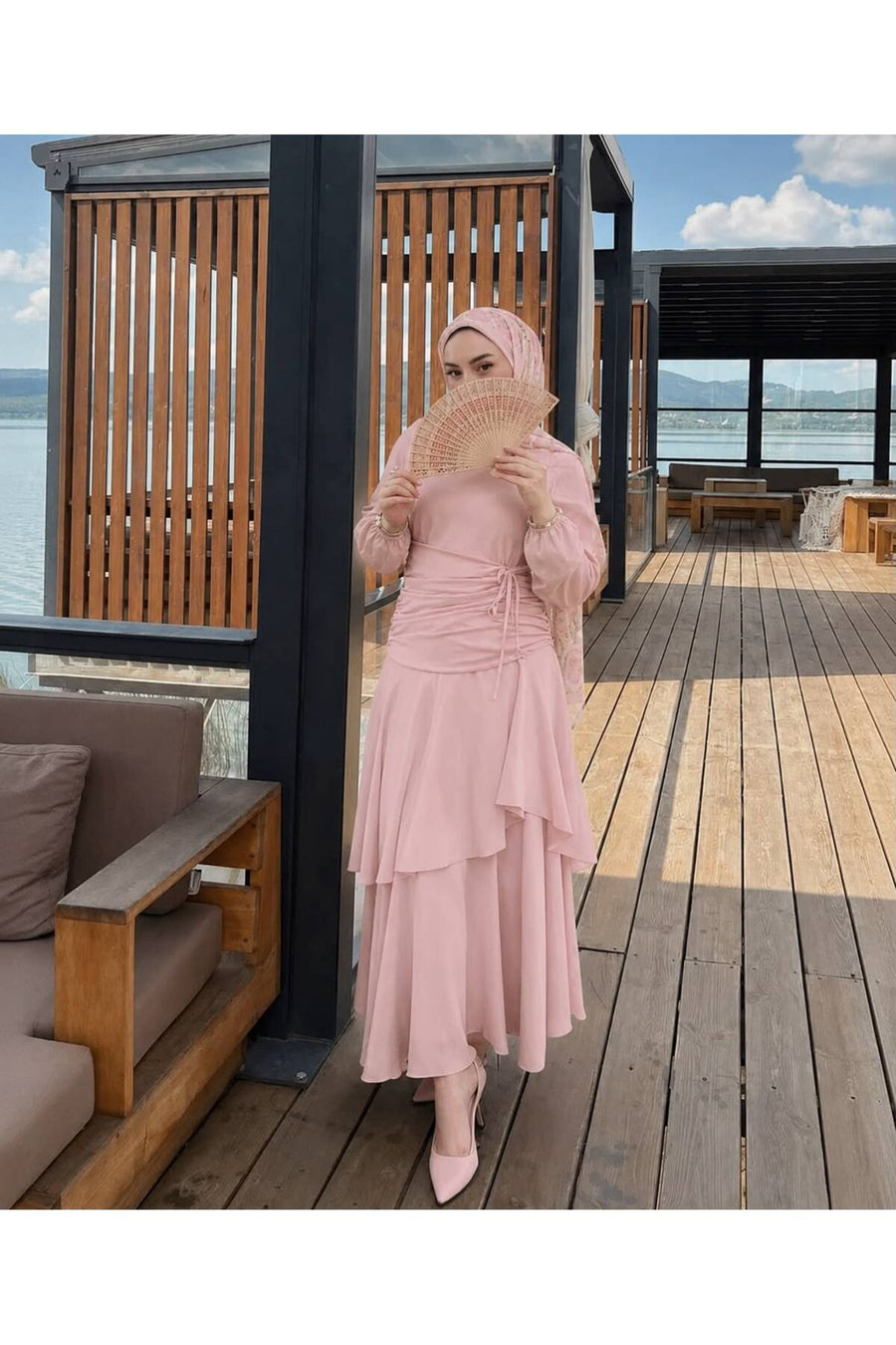 Marselline Bordo Peri Elbise - Pembe