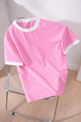 Revasser Unisex Erkek/Kadın Lacivert Beyaz Yaka Düz Oversize Pamuklu T-Shirt Tişört - Pembe