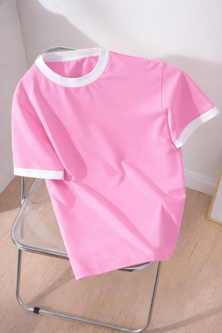 Revasser Unisex Erkek/Kadın Lacivert Beyaz Yaka Düz Oversize Pamuklu T-Shirt Tişört - Pembe