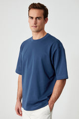 GRIMELANGE Solo Erkek %100 Organik Pamuklu Kalın Dokulu Comfort Fit Bisiklet Yakalı Siyah T-shirt - Lacivert