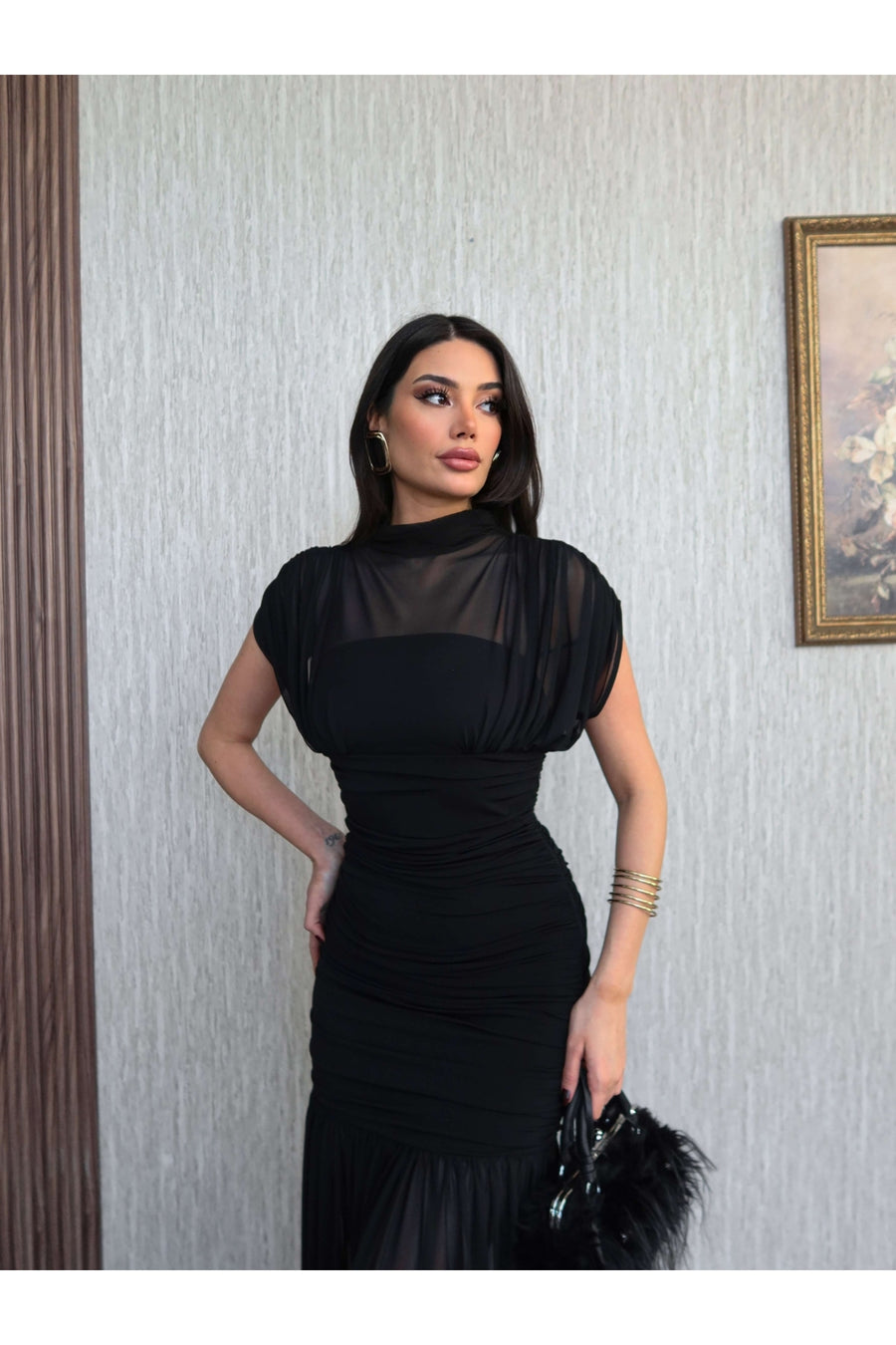 ESRAHELVACI Dik Yaka Drapeli Tül Maxi Elbise
