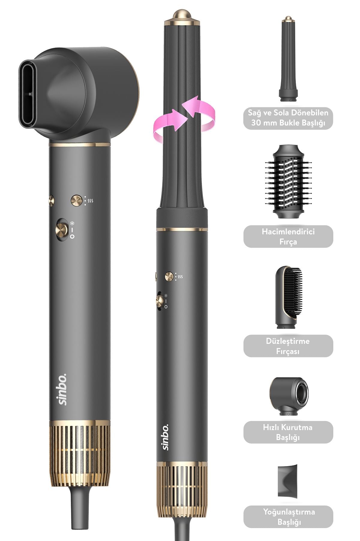 Sinbo Pro Airwrap Compact Uzun Multi-Styler Hava Üfleme inBldc Saç Şekillendirici -Graphite Gray