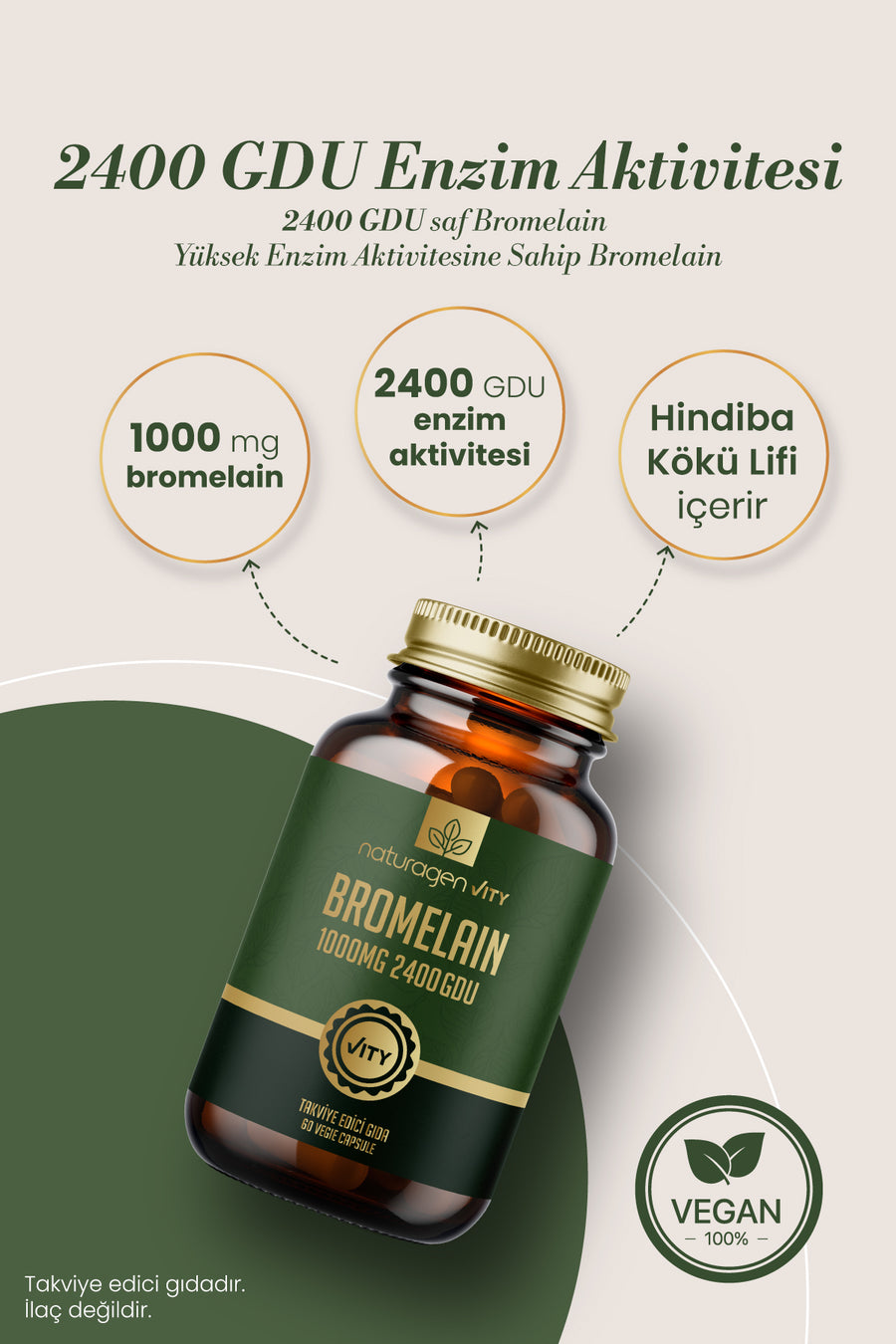 Naturagen Bromelain 2400 GDU 1000 mg 60 Kapsül | Ananas Kaynaklı Enzim | Yüksek Enzim Aktivitesi