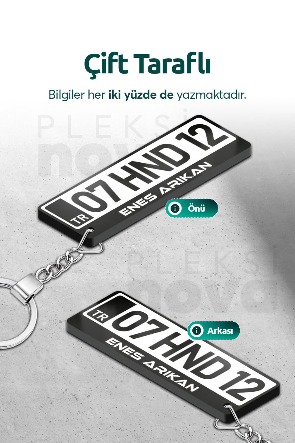 Pleksinova Kişiye Özel Pleksi Beyaz Plaka Plakalı Anahtarlık Araba Hediyesi Araba Süsü - Çift Taraflı