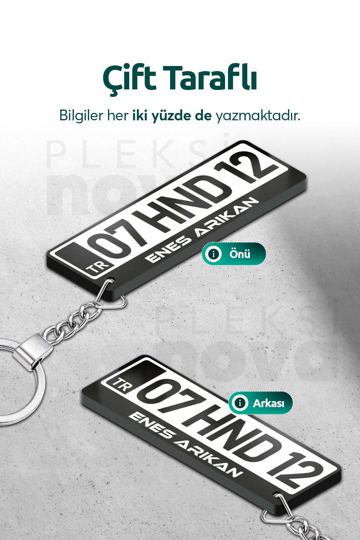 Pleksinova Kişiye Özel Pleksi Beyaz Plaka Plakalı Anahtarlık Araba Hediyesi Araba Süsü - Çift Taraflı