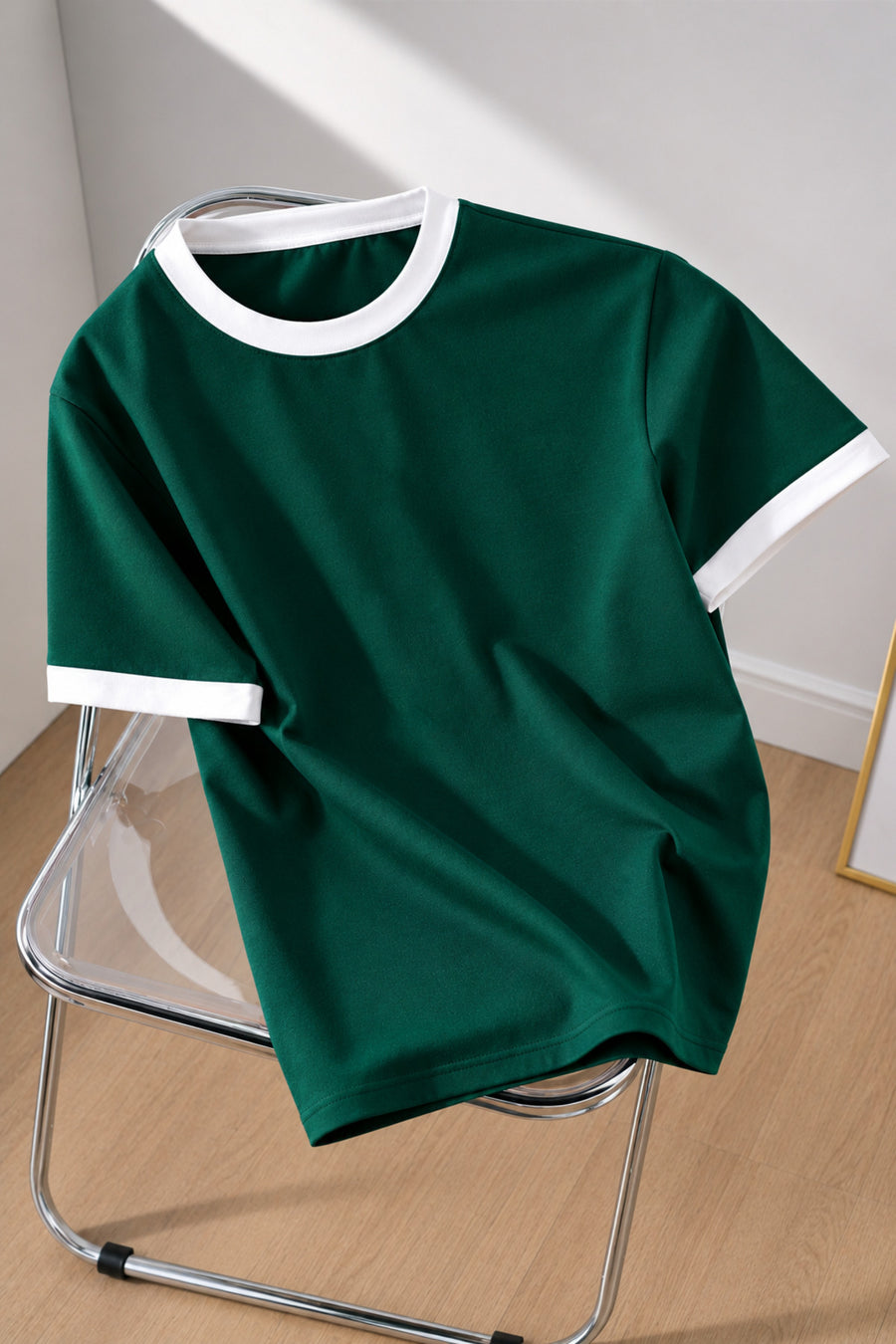Revasser Unisex Erkek/Kadın Lacivert Beyaz Yaka Düz Oversize Pamuklu T-Shirt Tişört - Yesil-Beyaz