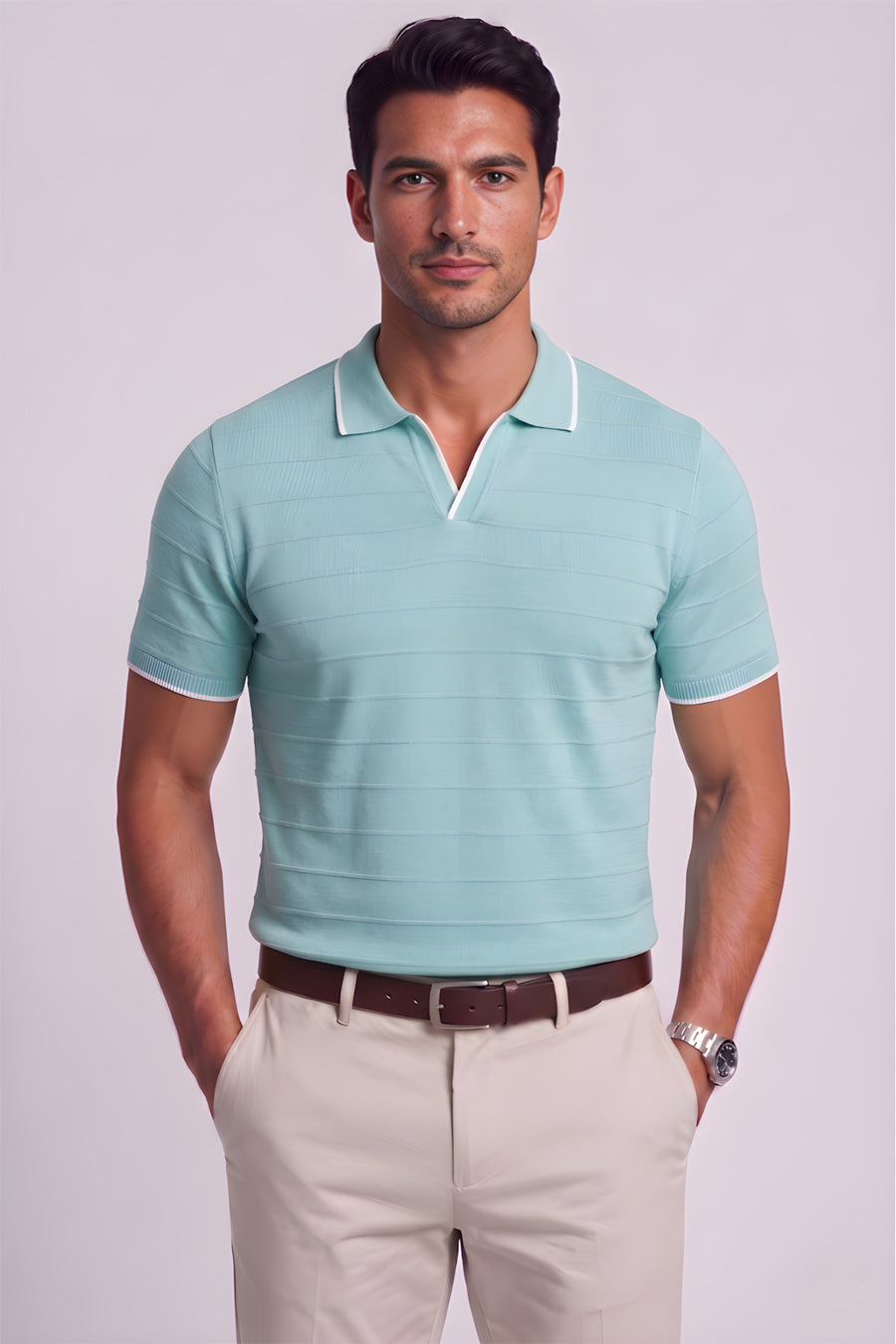 viyamen Erkek Triko Kumaş Yakalı Düğmesiz Açık Yaka Fitilli Kısa Kollu Regular Fit Tişört T-shirt - - Nane