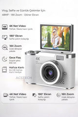 ACSTECH 4K Dijital Fotoğraf Makinesi 48MP Flip Ekran 18X Zoom Flaşlı 64GB Hediyeli Türkçe Menü - Beyaz