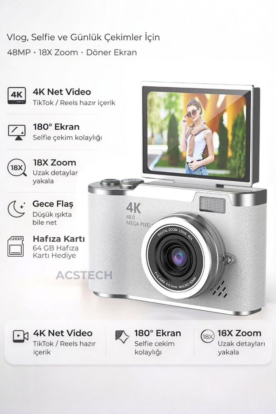 ACSTECH 4K Dijital Fotoğraf Makinesi 48MP Flip Ekran 18X Zoom Flaşlı 64GB Hediyeli Türkçe Menü - Beyaz
