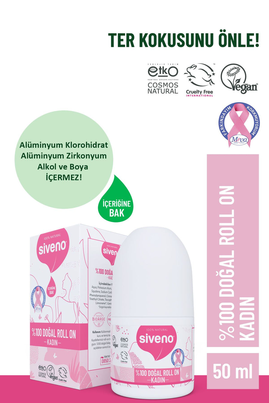 Siveno %Doğal Roll-on Kadın Deodoranter Kokusu Önleyici Bitkiseleke Bırakmayan Vegan ml