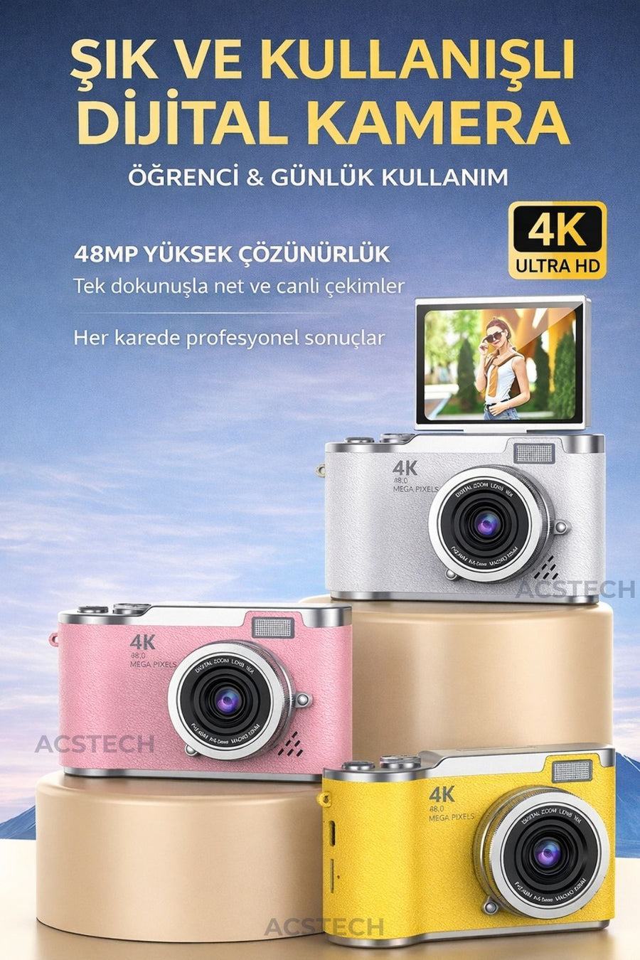 ACSTECH 4K Dijital Fotoğraf Makinesi 48MP Flip Ekran 18X Zoom Flaşlı 64GB Hediyeli Türkçe Menü - Pembe