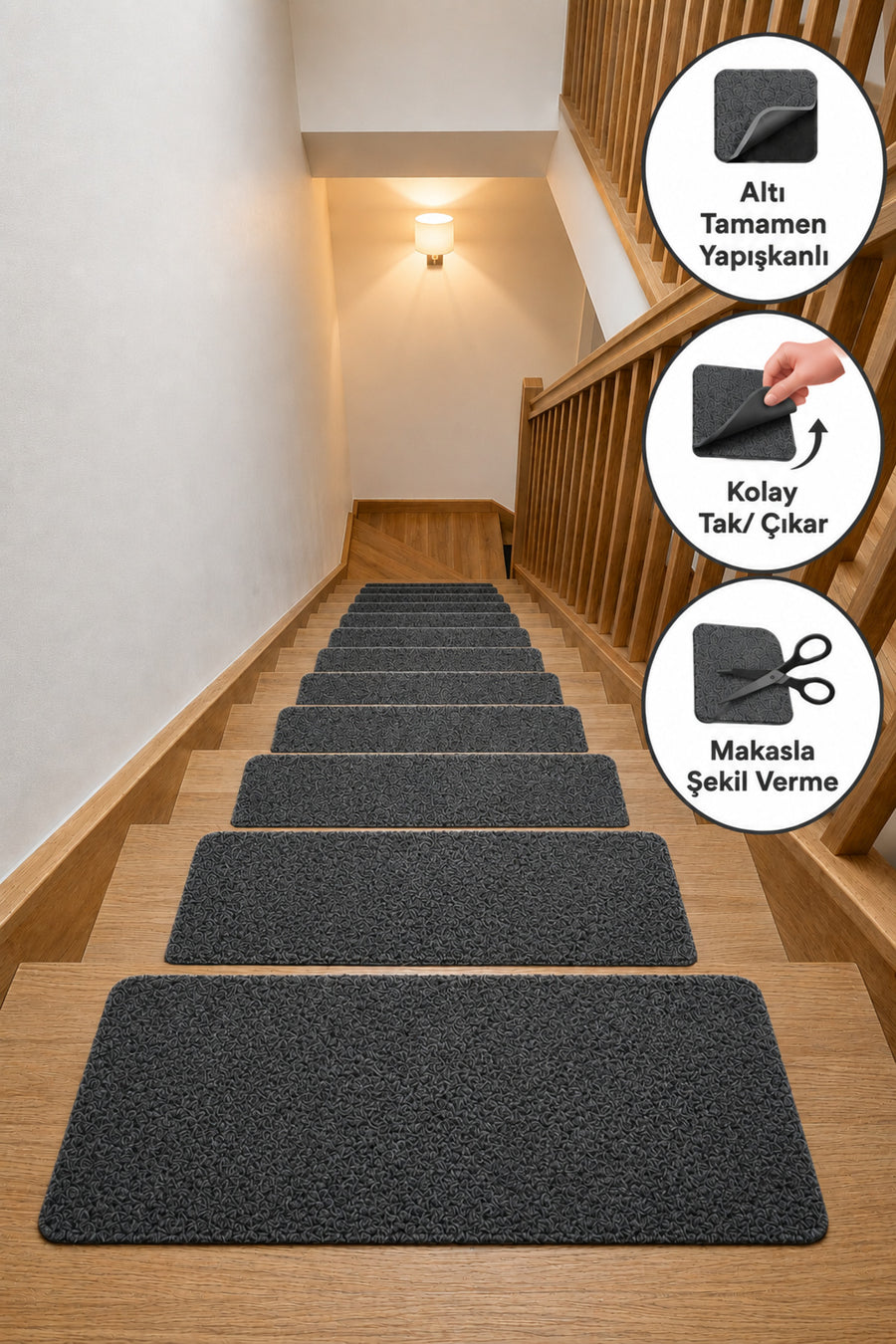 Arnee Altı Tam Yapışkanlı Kaydırmaz Basamak Halısı Pratik Kaymaz Dublex Ev Ahşap Merdiven Halısı Bej 20x75cm - Alti