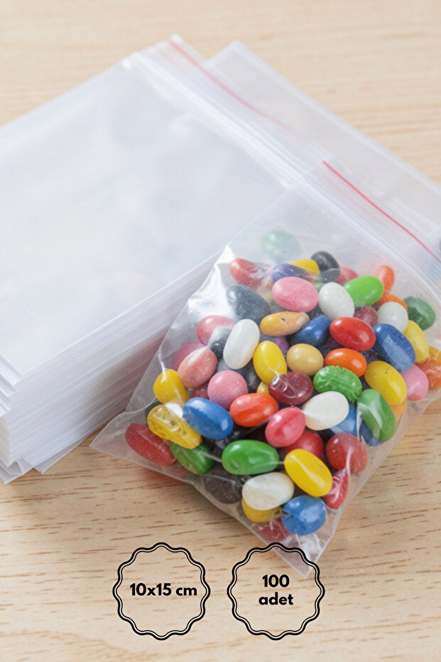 Bimotif 100lü Bantlı Şeffaf Poşet 10x15 cm (Bantlı OPP Poşet, Şeker, Kurabiye ve Kuruyemiş Poşeti)