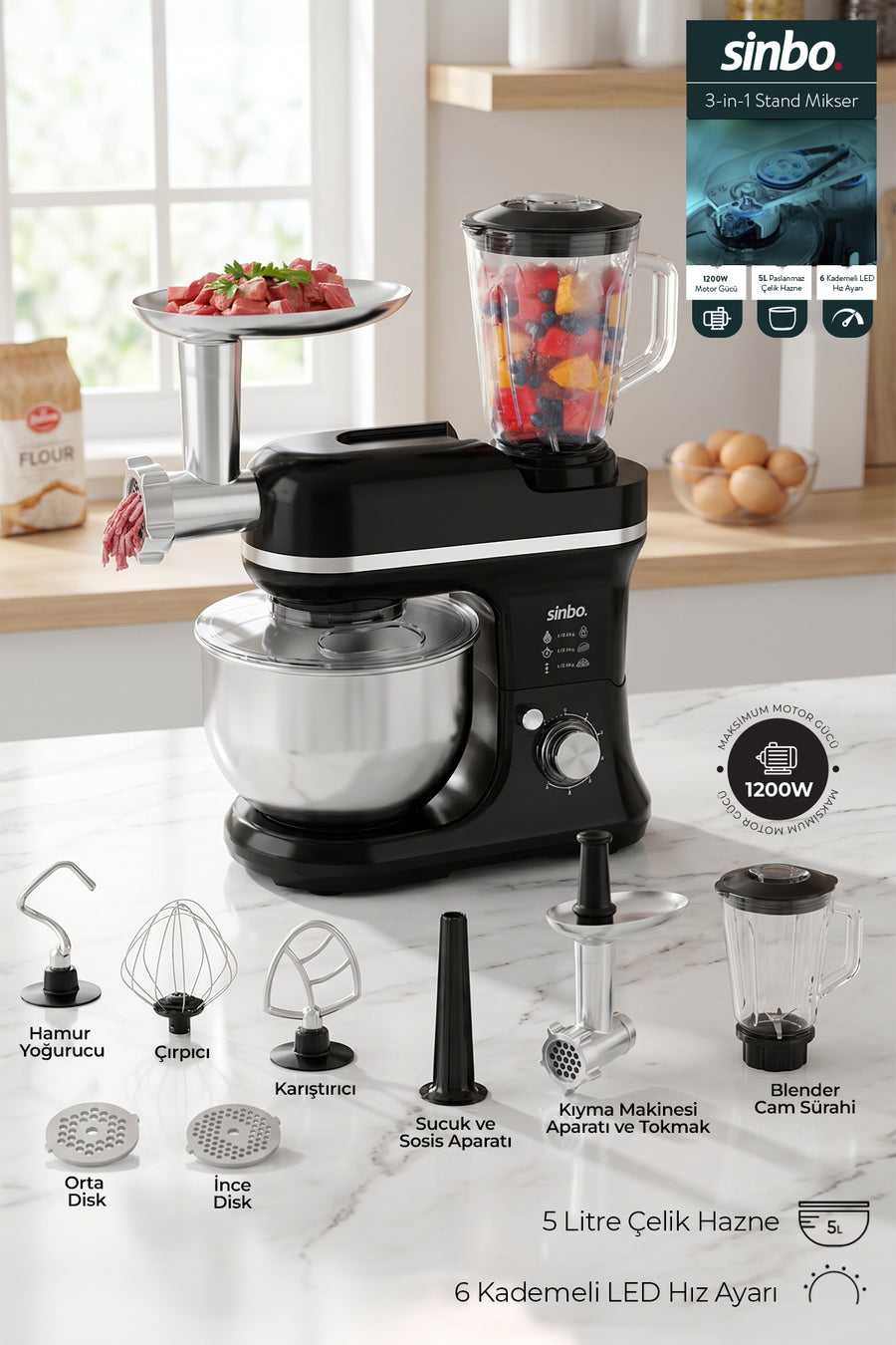Sinbo SMX-2772 Çok Amaçlı 3ın1 Mutfak Şefi Hamur Yoğurma Kıyma Makinesi Sürahi Blender 1200w - Siyah