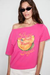 GRIMELANGE QALY Kadın Kayık Yaka Tek Omuz Kısa Kol Ön Ve Arka Baskı Detaylı Relaxed Ekru T-Shirt - Pembe