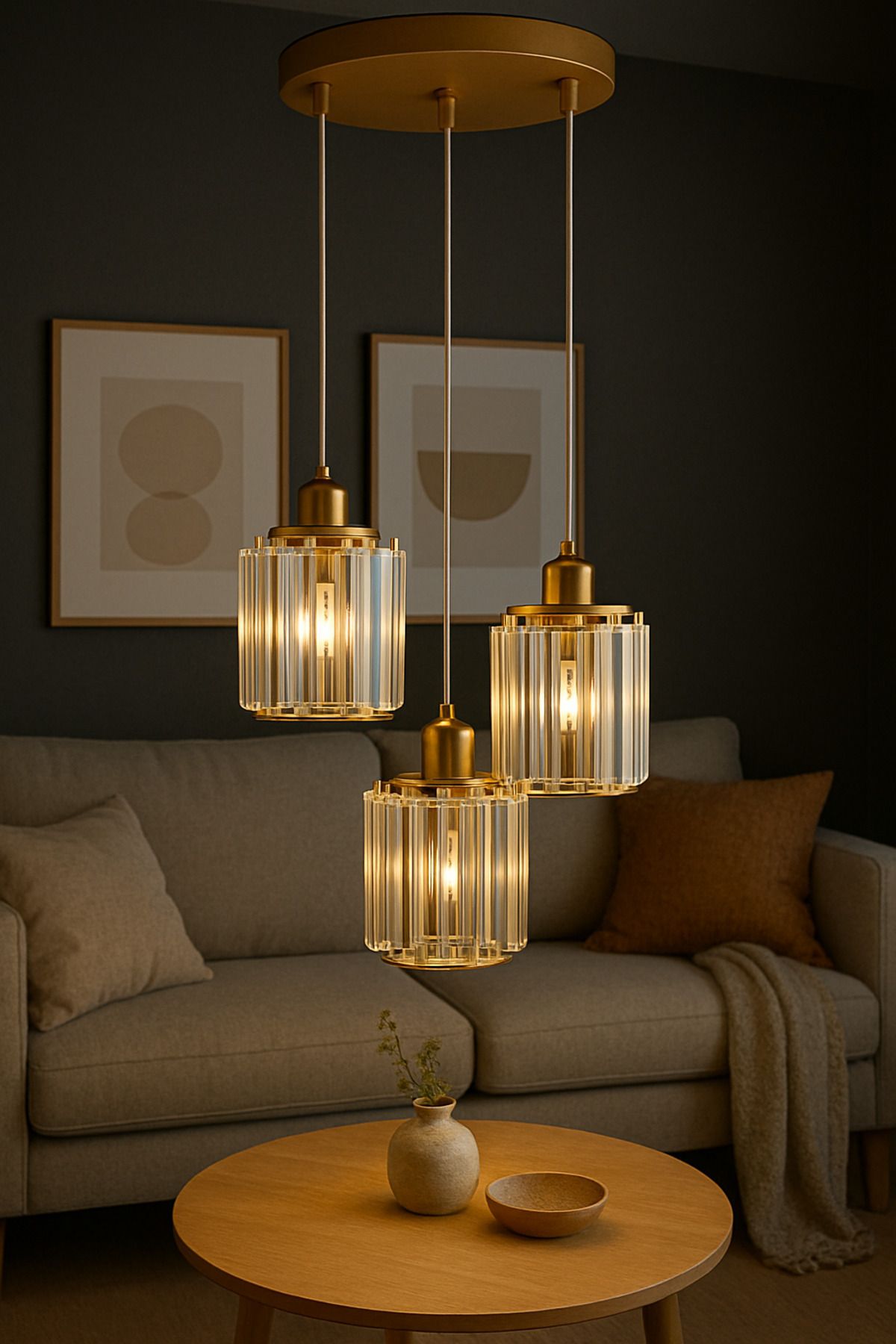 Luna Lighting Radiosa Gold Renkristal Taşlı Dekoratif Modern Salon Mutfak Hol Odantre Üçlü Sarkıt Avize - Görsel 6