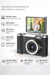 ACSTECH 4K Dijital Fotoğraf Makinesi 48MP Flip Ekran 18X Zoom Flaşlı 64GB Hediyeli Türkçe Menü - Siyah