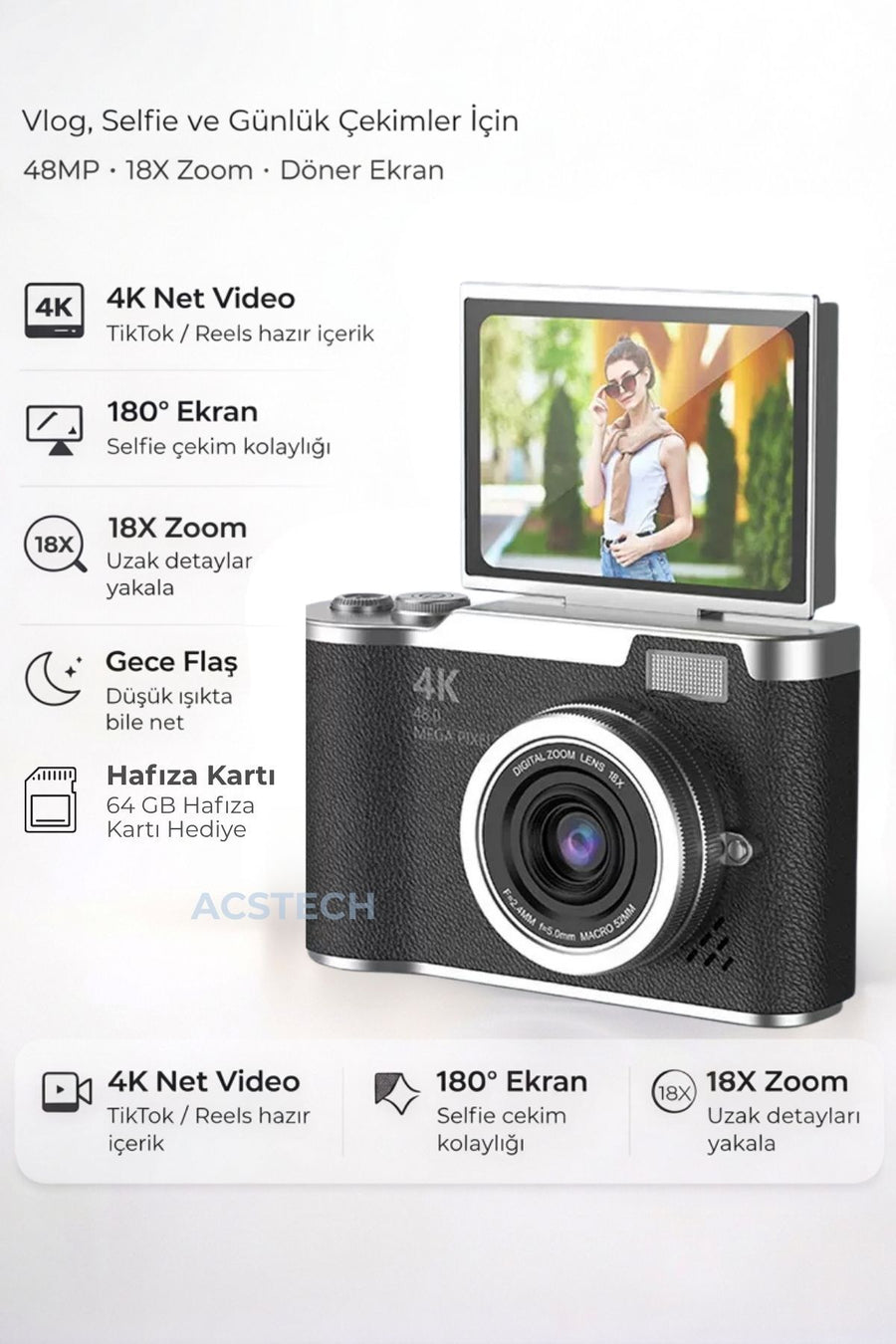 ACSTECH 4K Dijital Fotoğraf Makinesi 48MP Flip Ekran 18X Zoom Flaşlı 64GB Hediyeli Türkçe Menü - Siyah