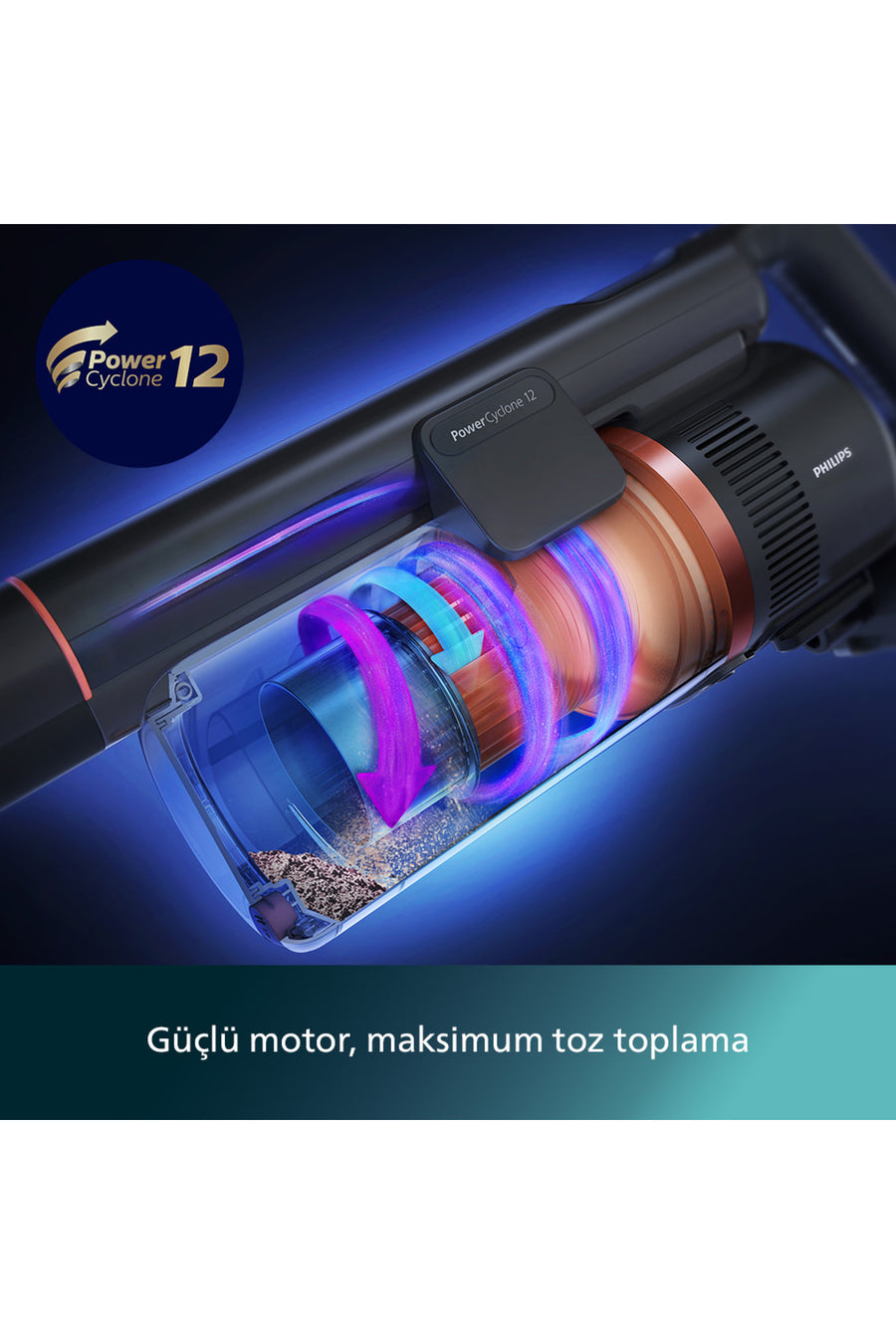 Philips 7000 Serisi Aqua 25.2 V Kablosuz Dik Süpürge, PowerCyclone 12, 80 dk'ya Kadar Şarj, XC7057/01 - Gold Dust